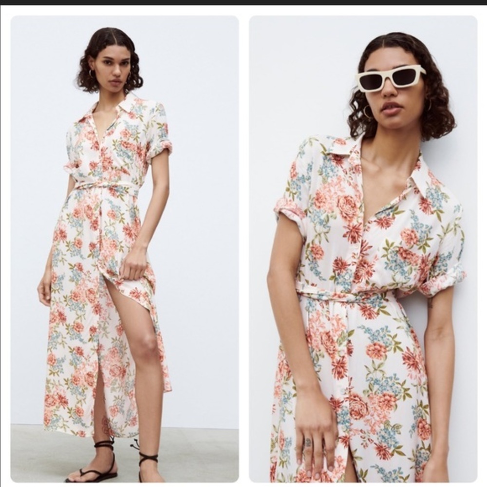 Zara White Floral Button-Front Maxi Dress with Pink & Green Accents